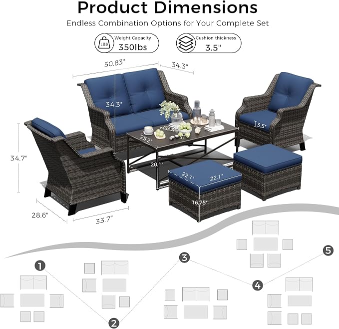 Outdoor Patio Furniture Set, 6 Piece Wicker Patio Furniture with Thick Cushions, Curved Armrest, Deep Seating, Outdoor Swivel Rocker Chairs for Porch, Deck, Balcony