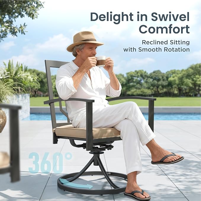 PHI VILLA Patio Dining Set, Swivel Chairs, Square Steel Table | Metal chairs, Hexagon Back Swivel Chair, 1.57" umbrella hole, 360° swivel, cushioned