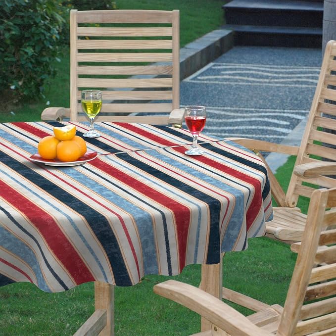DYTXIII Outdoor Round Tablecloth with Umbrella Hole 60 Inch, Water Repellent & Fade Resistant Table Cover, All Weather Outdoor Tablecloth for Garden & Party Table, Stripe Red Blue