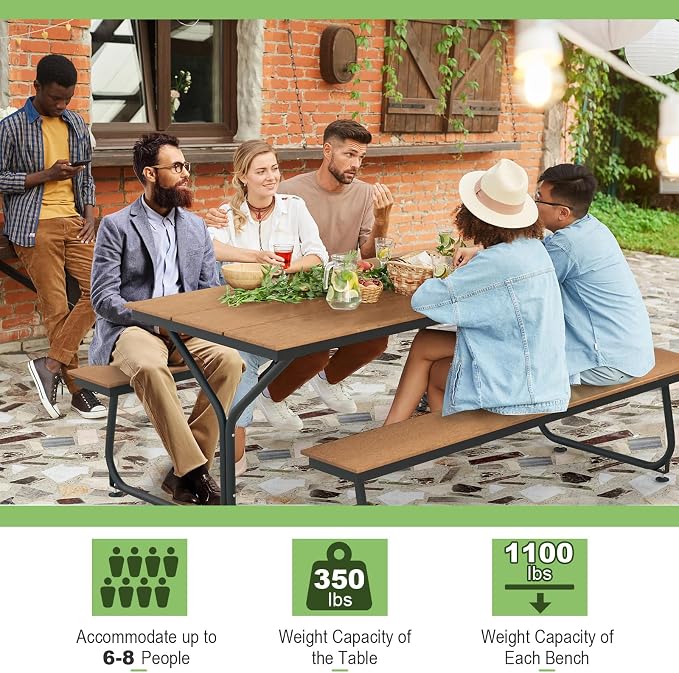 Tangkula 6 Ft HDPE Picnic Table, Plastic Picnic Table with 2 Benches, Umbrella Hole, Heavy-Duty Metal Frame, 8 Adjustable Foot Pads, 6-8 Person Outside Table Bench Set, 2550 lbs Capacity