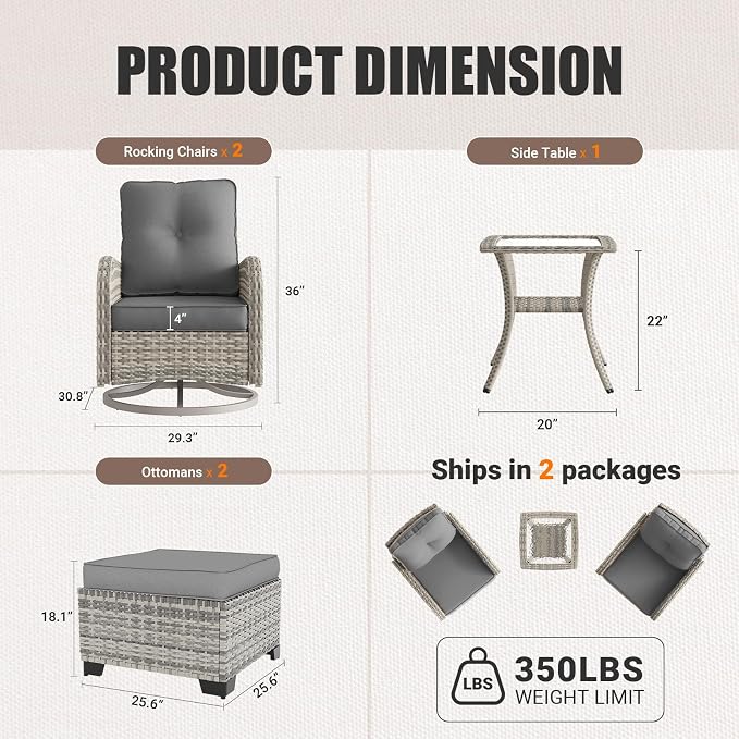 Outdoor Patio Furniture Set Patio Rocking Swivel Chair with Tempered Glass Side Table, Outdoor Wicker Rattan Bistro Set with Ottomans for Garden, Deck, and Balcony, Grey