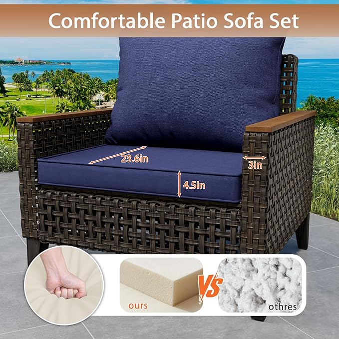 14 Piece Patio Sectional Sofa Furniture Set, All-Weather Wicker Rattan Outdoor Conversation Set with High Back and Hick Cushions, for Garden, Porch, Poolside, Blue