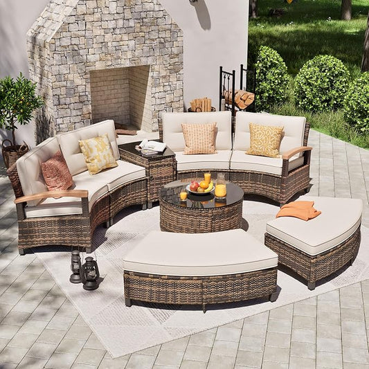 MEISSALIVVE 8 Piece Outdoor Patio Furniture Set, Half-Moon Curved Sectional Set with Wood Armrests, Patio Conversation Set for Porch,Deck,Balcony (Beige)