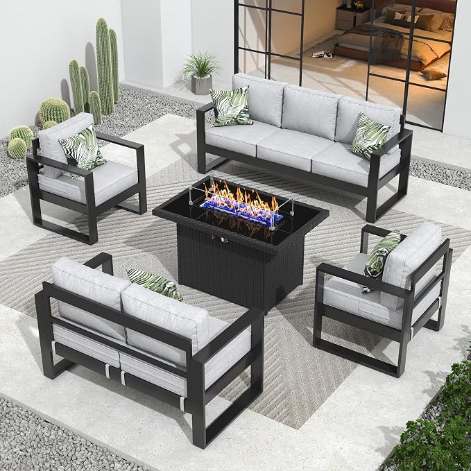 Outdoor Aluminum Furniture Set with Fire Pit Table - 5 Pieces Modern Patio Conversation Sets Metal Sectional Sofa Set