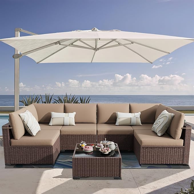 KIGOTY 7-Piece Patio Furniture Set, All-Weather PE Rattan Outdoor Sectional Sofa, Modular Wicker Conversation Set with Thick Cushions & Easy-Clean Coffee Table（Brown/Camel）