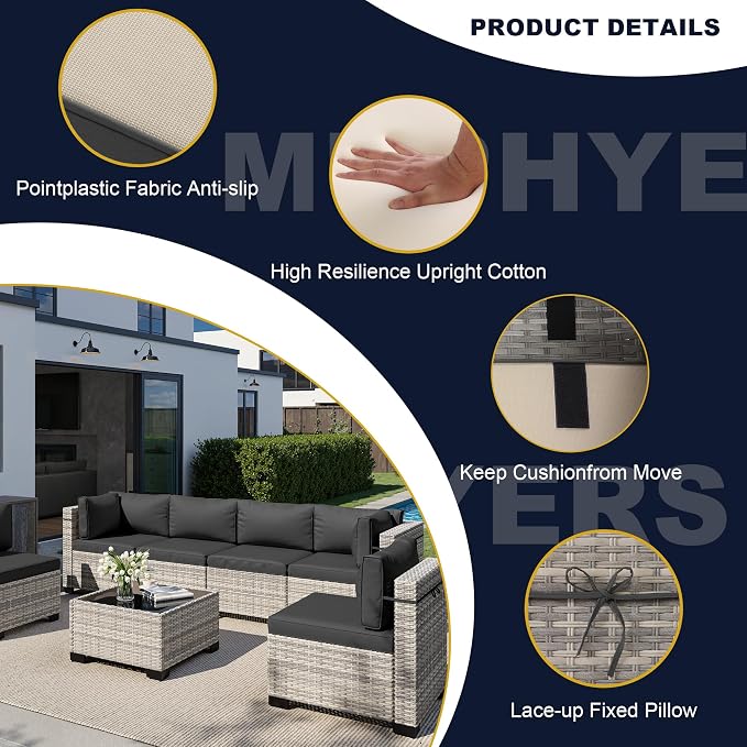 13-Piece Outdoor Patio Furniture Set with Rocking Swivel Chair, Wicker Rattan Sectional Sofa Conversation Set with 55,000 BTU Fire Pit Table with Ottomans, Backyard Furniture, Dark Grey