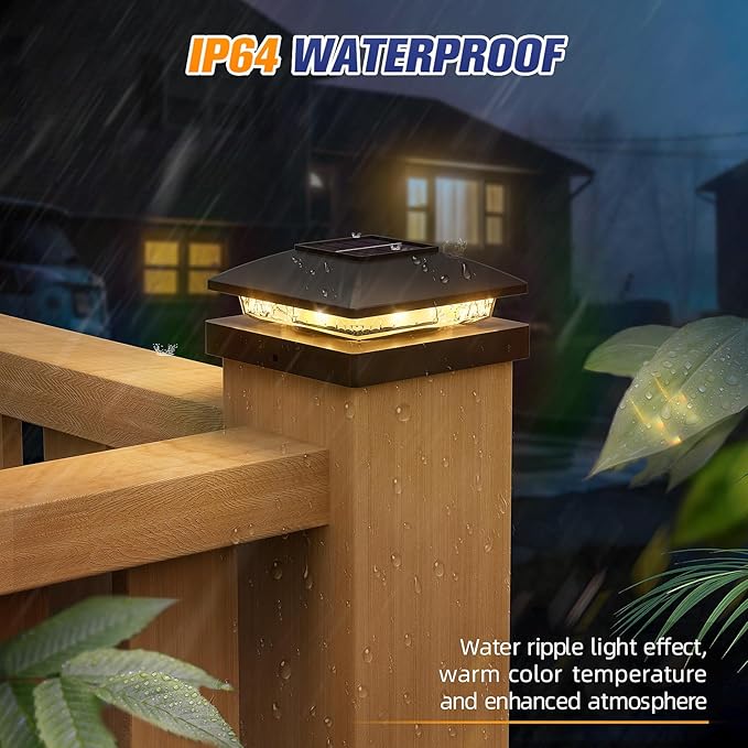 APONUO Solar Post Cap Lights for 4x4 Posts - IP64 Waterproof, 3000K LED, No-Wire Fence Lights & Deck Lights for Patio Garden Yard Patio, Black-Warm White, 6 Pack