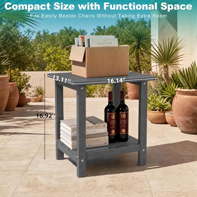 Outdoor Side Table with Storage Shelf, 2-Tier Patio Side Table, HDPE All Weather Outdoor End Tables for Adirondack Chair, Small Patio End Table for Deck Backyard Porch Lawn Poolside, Grey