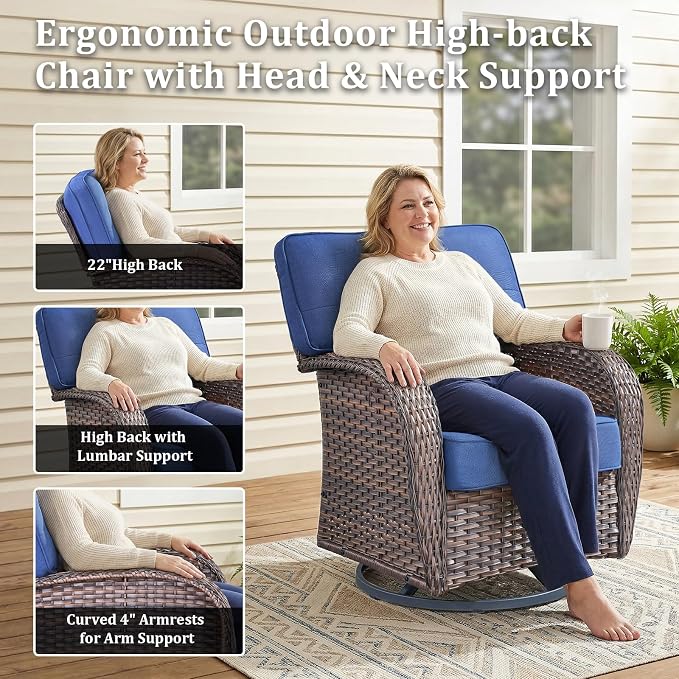 10-Piece Wicker Patio Furniture Set with 5-Inch Thick Cushions Weather Resistant Rattan High Back Swivel Rocker Chairs Senior Friendly Conversation Set for Small Porch Deck Sunroom Brown/Blue