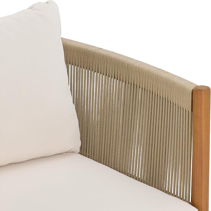 Merax 2 Piece Outdoor Club Chair with Acacia Wood Frame in Teak Look, Beige Rope Panels & Cream Water-Repellent Cushions for Patio & Garden