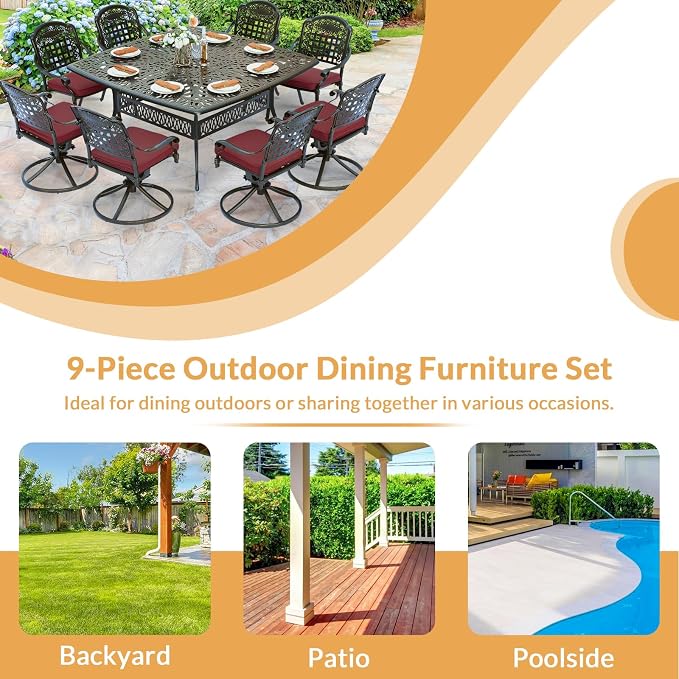 9 Piece Outdoor Patio Dining Set for 8, Cast Aluminium Large Square Dining Table & 4 Swivel Rocker Chairs, 4 Stationary, 8 Cushions, Umbrella Hole, Patio Furniture Set for Garden, Chili Red