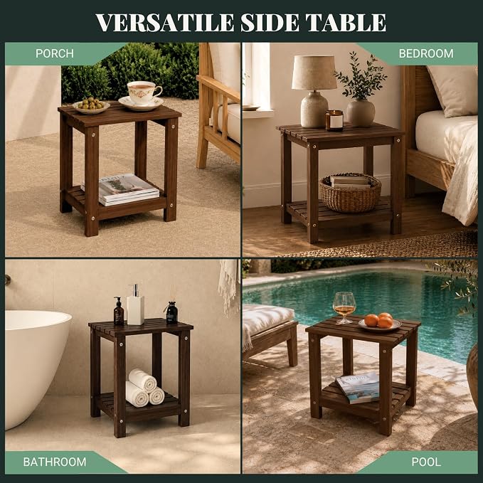 Premium 2-Tier Eucalyptus Wood Side Table with Slatted Storage Shelf, 13" x 16" x 17.5", Wooden Accent Table for Living Room, Entryway or Bedside (Brown)