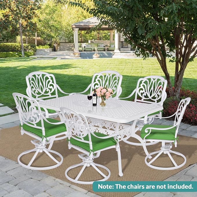 MEETWARM Outdoor 60" Rectangular Patio Dining Table, All Weather Cast Aluminum Large Patio Furniture Table Fits for 6-8 Person with 2" Umbrella Hole, White