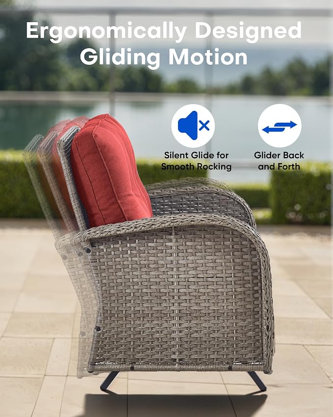 7 Pieces Patio Furniture-Patio Swivel Chairs Set of 2 Outdoor Glider Bench Rocking Chair with Patio Ottomans Patio Conversation Sets for Deck Porch Garden Balcony Poolside-Grey/Red