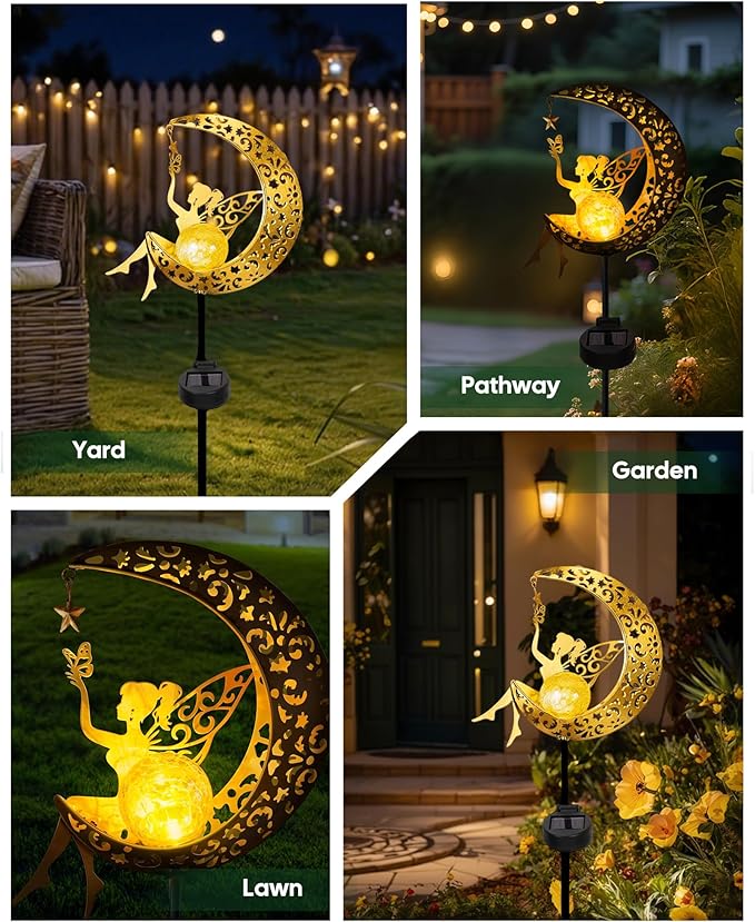 Vuees Solar Fairy Moon Garden Stake Light, Outdoor Yard Patio Decor Gift | Auto dusk glow; no wiring; rust-resistant metal; warm patterned reflections; pathway, lawn and backyard accent