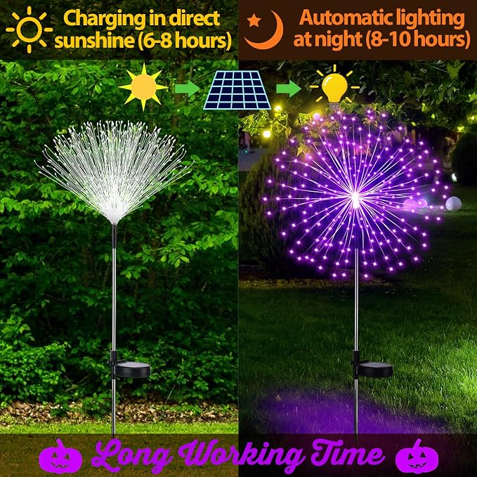Tujoe 6 Pcs Halloween Solar Firework Stake Lights 180 LED 8 Modes Solar Waterproof LED Sparkler Lights Outdoor Decoration for Garden Patio Yard Pathway Walkway Lawn Xmas Decor (Purple)