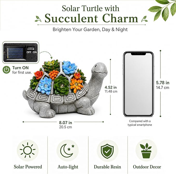 Nacome Solar Garden Outdoor Statues Turtle with Succulent | 7 LED Lights, Lawn Decor Statue for Patio, Balcony, Yard Ornament, Gifts for Mom Grandma Women