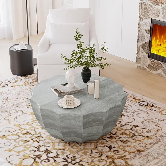 35.43" Faux Stone Coffee Table Round for Indoor or Outdoor Concrete Coffee Tables MgO Cement Center Tables for Living Room, Patio, Garden, Backyard, Balcony, Waterproof, Grey Bowl