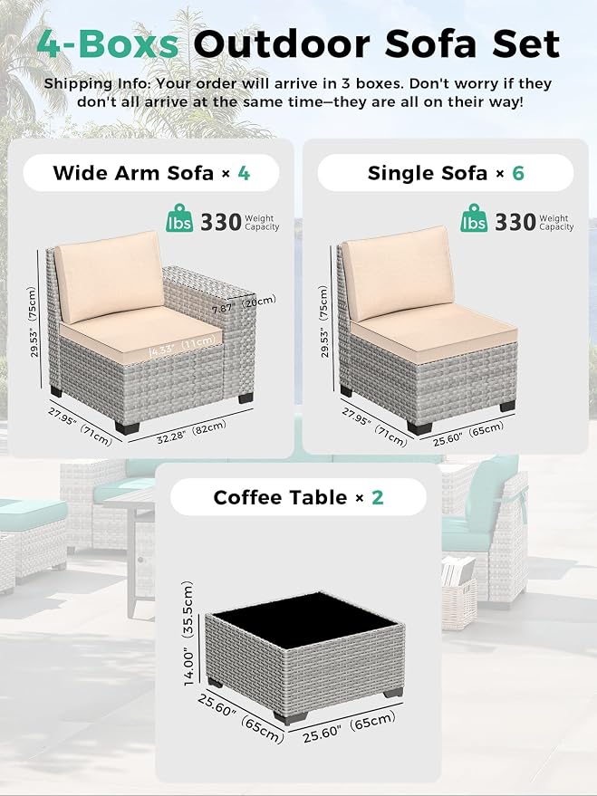 12 Piece Outdoor Wicker Sectional Sofa Set, 10-Seats Patio Furniture Conversation Set with 4" Thickened Cushions & Coffee Table, All-Weather PE Rattan for Garden, Backyard, Porch, Beige