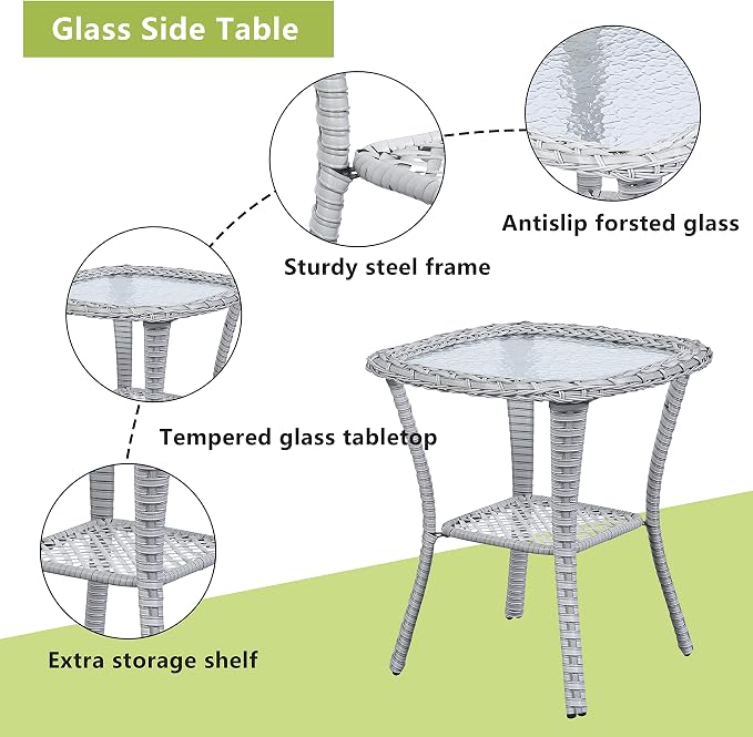 Outdoor Side Table Patio Tables - Wicker Coffee Table with Glass Top and 2-Shelf Storage Rattan End Table Square for Outdoor Patio Porch Deck Balcony Garden(Light Grey/Glass Top)