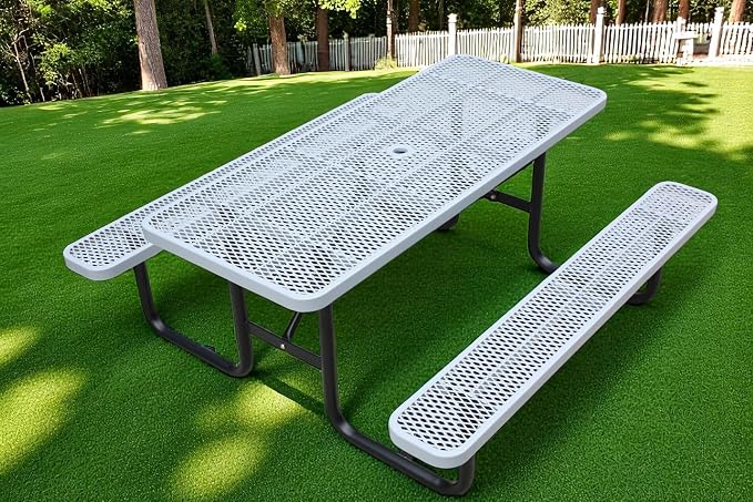 Picnic Tables for Outdoors,Commercial Metal Picnic Table Bench Set with Umbrella Hole,School Canteen Tables W/Seats - Heavy Duty Sturdy Picnic Tables Furniture for Patio Garden (Grey, 6FT)