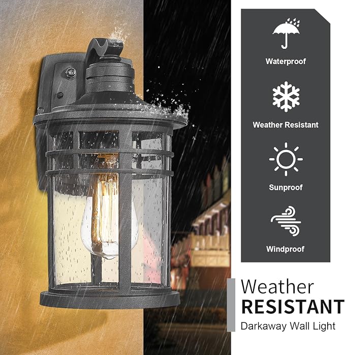 Darkaway Dusk to Dawn Outdoor Porch Wall Light,Outside Wall Mounted Light Seeded Glass Exterior Waterproof Lantern Modern Wall Sconce Lighting for House Front Door Garage