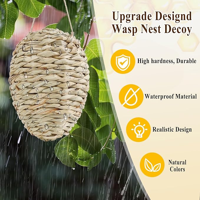 4 Pack Fake Wasp Nest Decoy, Woven Reed Wasp Hornet Decoys, Waterproof Faux Hornets Nest, Outdoor Hanging Decoration for Patio, Garden, Eaves