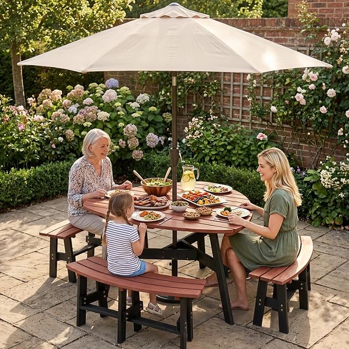 Wood Picnic Table with Benches &Umbrella Hole Elegant Triangle Outdoor Picnic Table for 3-6 People Reddish-Brown Tabletop and Black Legs for Backyard, Porch, Patio, Deck