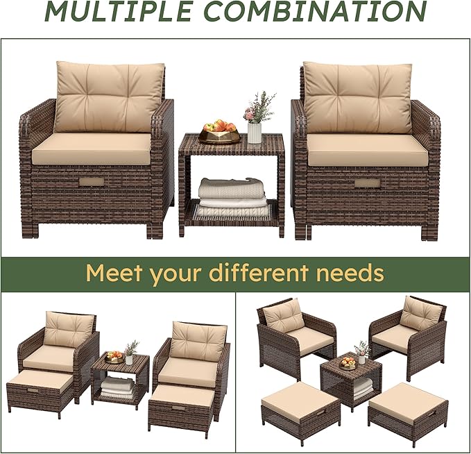 LHBcraft Balcony Furniture 5 Piece Patio Furniture Set, PE Rattan Patio Chairs Conversation Set with Soft Cushions 2 Ottoman & Table for Porch, Lawn, Garden, Beige