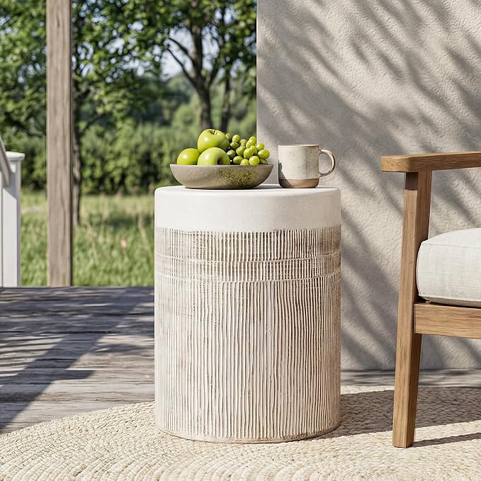 SUNBURY Outdoor Side Table, 17" H Concrete End Tables w Vertical Thread, Ceramic Accent Table for Patio, Round Modern Garden Stool for Patio, Backyard, Light Yellowish