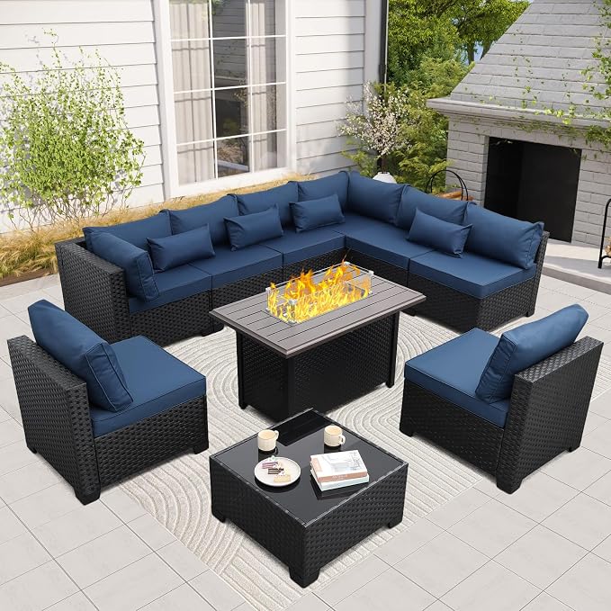 Rattaner 10 Pieces Outdoor Sectional All-Weather Wicker Patio Furniture Set Patio Sectional and Steel Fire Table and Glass Patio Table Non-Slip Cushions and Waterproof Covers, Navy Blue