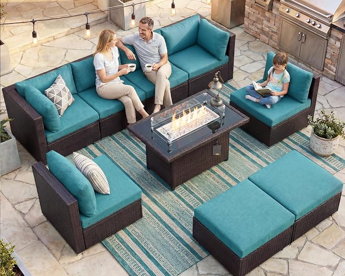 BULEXYARD 9 Piece Highback Patio Furniture Set with Fire Pit Table, Modern Modular Outdoor Sectional Couch Sofa with Ottoman, 8-Person Backyard Seating for Outside, Deck, Brown Wicker & Teal Cushion
