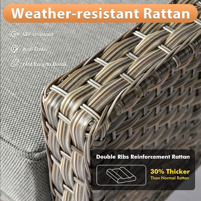 6 PCS Outdoor Patio Furniture Sets,Patio Conversation Sets Outside Rattan Soft Cushion Sofa with 2 Wicker Rocking Chairs & 54 in Fire Pit Table Fit Backyard Porch Garden Poolside Balcony,Dark Grey