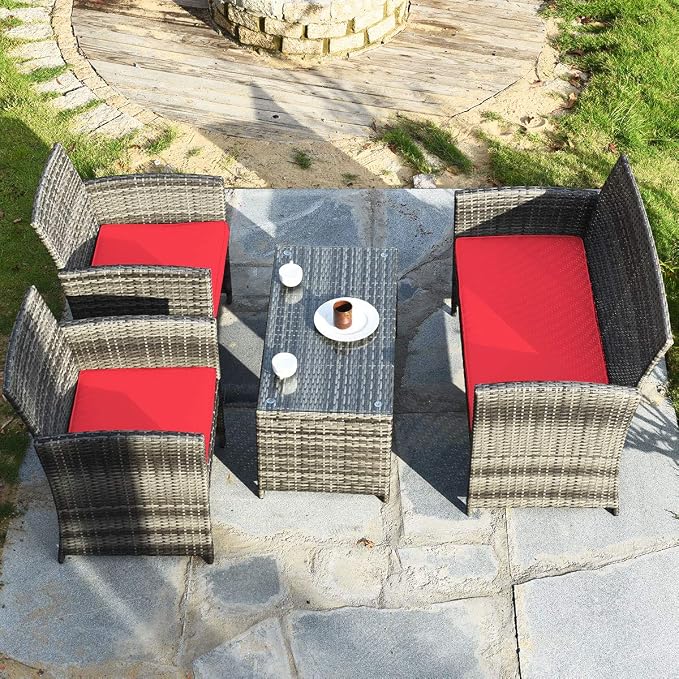 Outdoor Conversation Set, 4 Pieces Wicker Patio Furniture Set with Ergonomic Curved Design, Patio Chair Set with Water-Resistant Cushion & Tempered Glass Table for Porch, Poolside (Red)