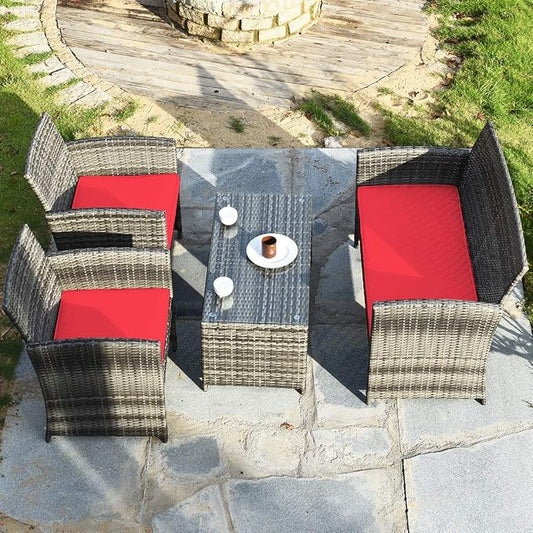 Outdoor Conversation Set, 4 Pieces Wicker Patio Furniture Set with Ergonomic Curved Design, Patio Chair Set with Water-Resistant Cushion & Tempered Glass Table for Porch, Poolside (Red)