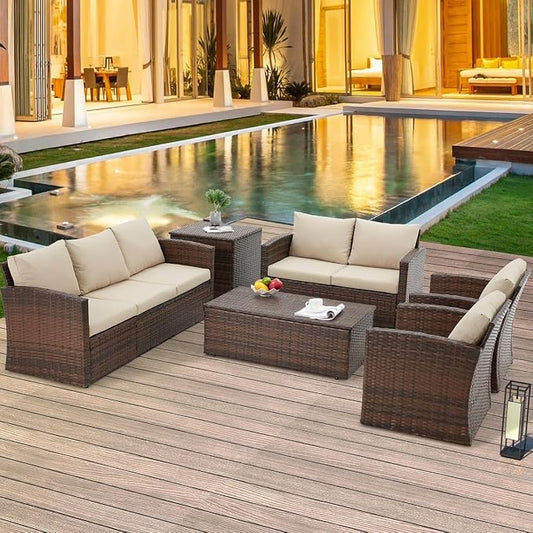 Outdoor Patio Furniture 7 Piece Set with Two Storage Boxes, All-Weather PE Rattan Sectional Sofa Conversation Set with Cover for Backyard Garden Deck