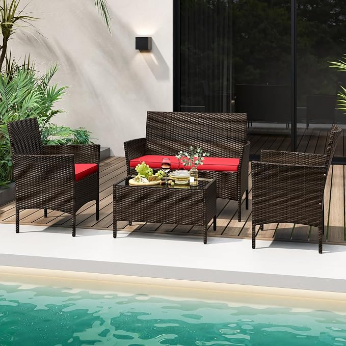 ORALNER 4 Pieces Patio Furniture Set, Rattan Chairs Loveseat with Soft Cushion and Glass Table, Outdoor Wicker Conversation Set for Balcony Garden Backyard Porch Poolside (Red)