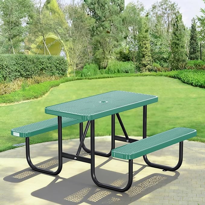 4FT/48IN Heavy Duty Outdoor Picnic Table and 2 Benches for 2-6 People, Weather Resistant Rectangular Steel Picnic Table Set with Umbrella Hole for Yard Patio Lawn Party Green