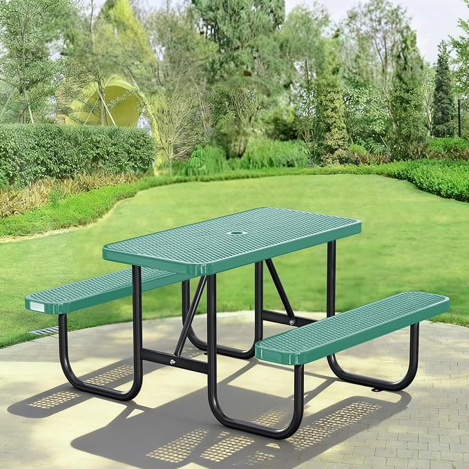 4FT Rectangular Outdoor Picnic Table with Attached Benches, Heavy-Duty Expanded Metal Mesh Patio Table, Commercial-Grade Outdoor Seating for Park, Backyard, Deck, Lawn, Green