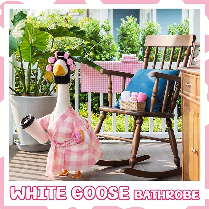 Shyyween Lady Porch Goose Outfit for 23'' Cement Plastic Lawn Goose Statue Clothes Pink Plaid Bathrobe Coffee Cup Curlers for Outdoor Garden Yard Patio Decoration
