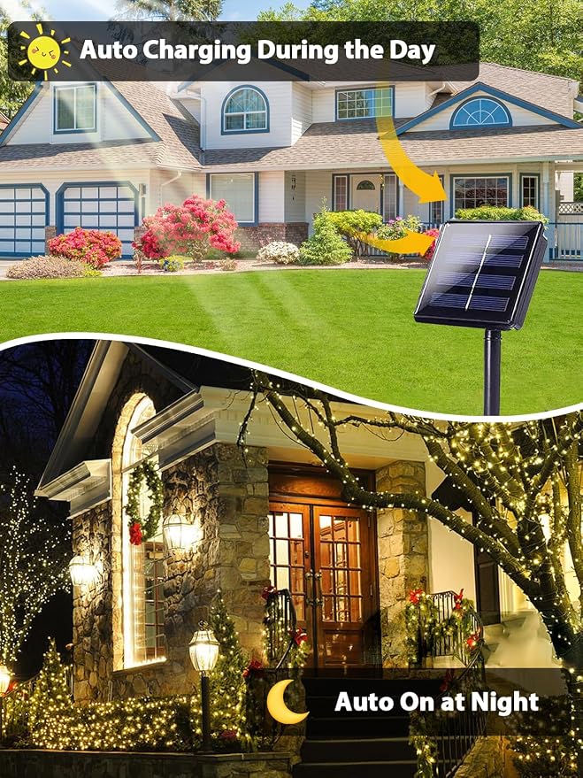 Solar String Lights Outdoor 6 Pack 600 LED Solar Christmas Light Warm White | 8 Lighting Modes, Memory Function, Auto On/Off, 198FT Waterproof Twinkle Lights for Outside Garden Yard Party Xmas Tree Decor