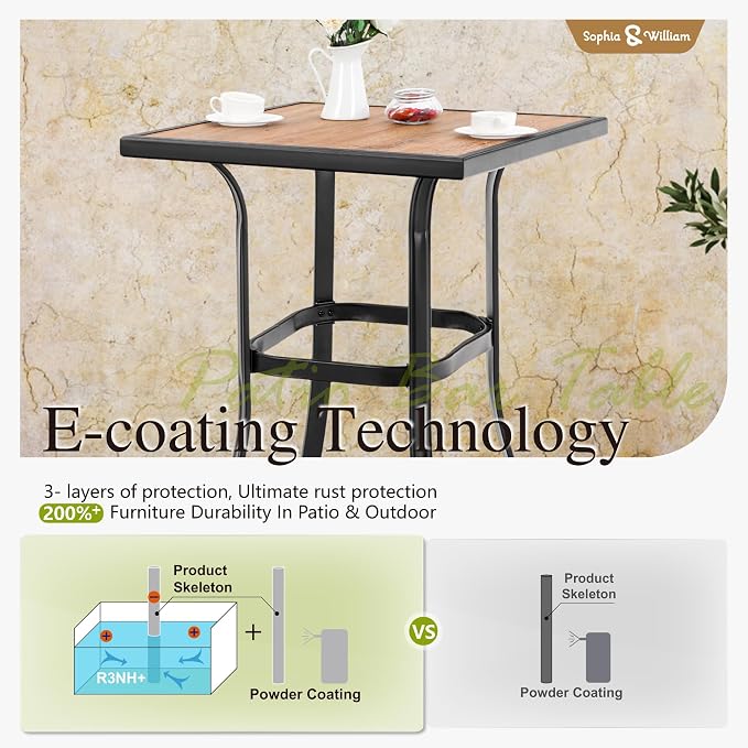 Sophia and William Outdoor Bar Height Table Square Patio Bar Table Metal Bistro Bar Table 27" x 27" Wood Like for Backyard Garden Pool