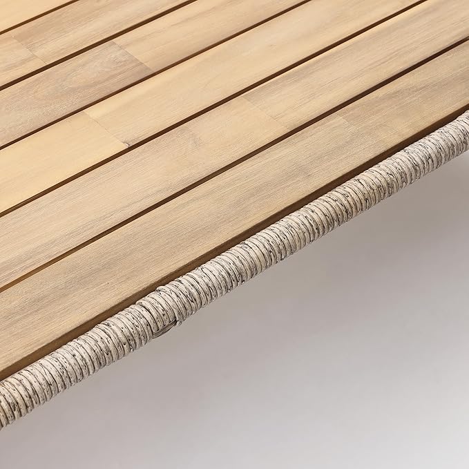 LuxenHome 47" Outdoor Coffee Table for Patio, Acacia Wood Patio Table with Woven Trim, Rectangular Outdoor Table for Patio, Balcony, and Porch