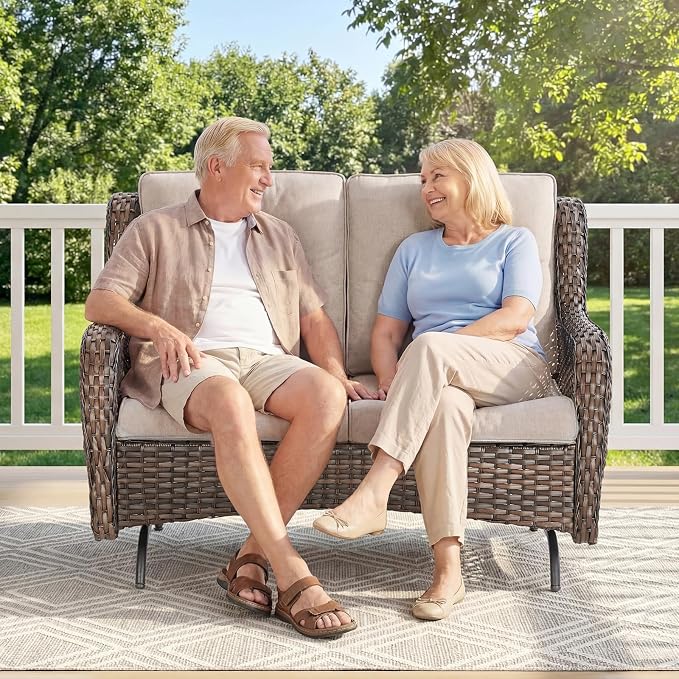Patio Loveseat Sofa, Outdoor Wicker Loveseat with Luxury Thick Cushion, All-Weather Patio Furniture Set, Outdoor Glider Bench for Garden Balcony Backyard(Brown Wicker/Beige Cushion)
