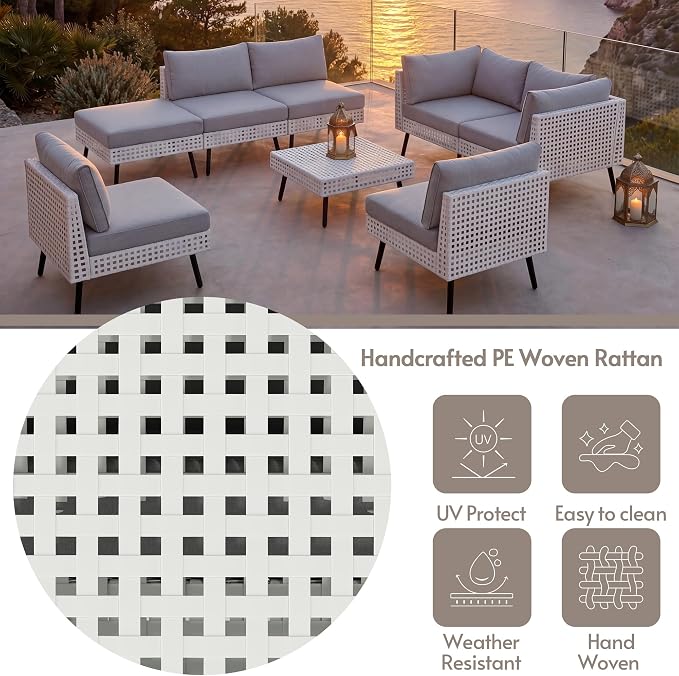 ENSTVER Modern High-End 8-Piece Wicker Patio Furniture Sets，Outdoor Patio Sectional with Thicken Cationic Fabric Cushions & Non-Slip Pad, Convertible Conversation Sets for Garden, Poolside, Backyard