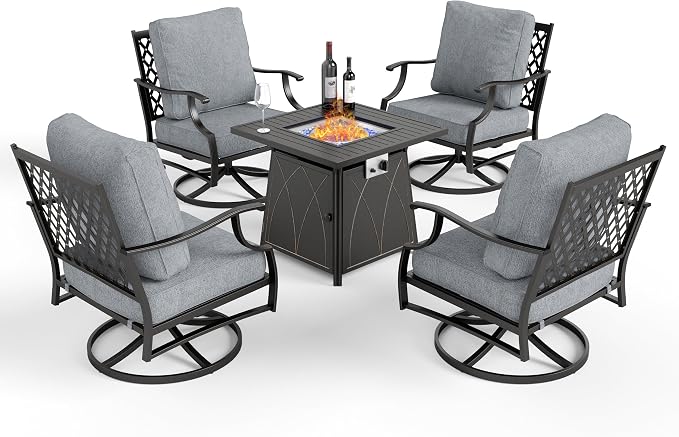 MIXPATIO Patio Furniture Set with Fire Pit Table, 5 Pcs Metal Outdoor Conversation Set, 4 Swivel Chairs with 5.75" Extra Thick Cushion and 28" Fire Pit Table for Backyard Deck, Grey