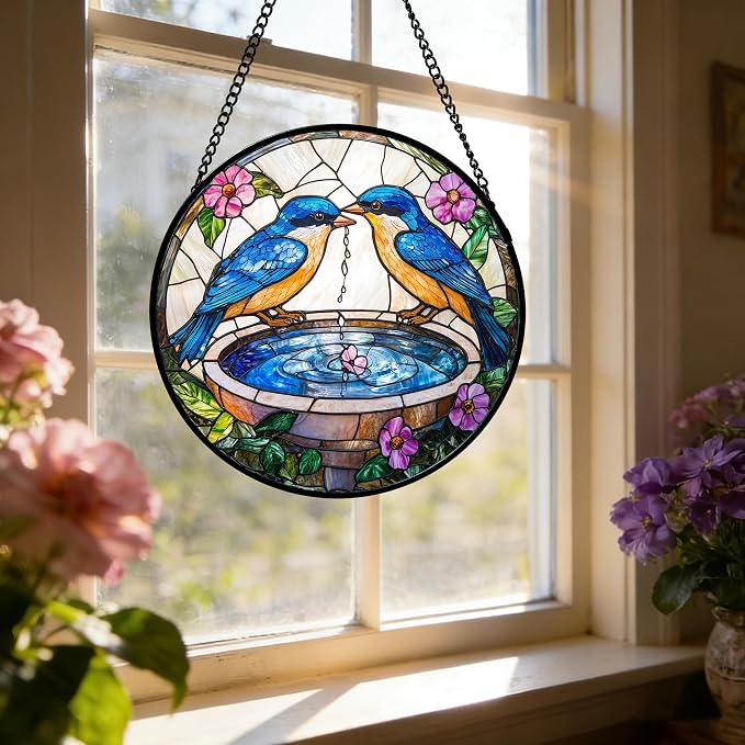 DASTOLL Stained Glass Window Hanging, 2 Blue Birds Suncatcher Diamond Glass Panel Hangings Bird Lover Sun Catchers Decor for Birthday for Women, Men, Wife, Aunt, and Mom 9.8 in
