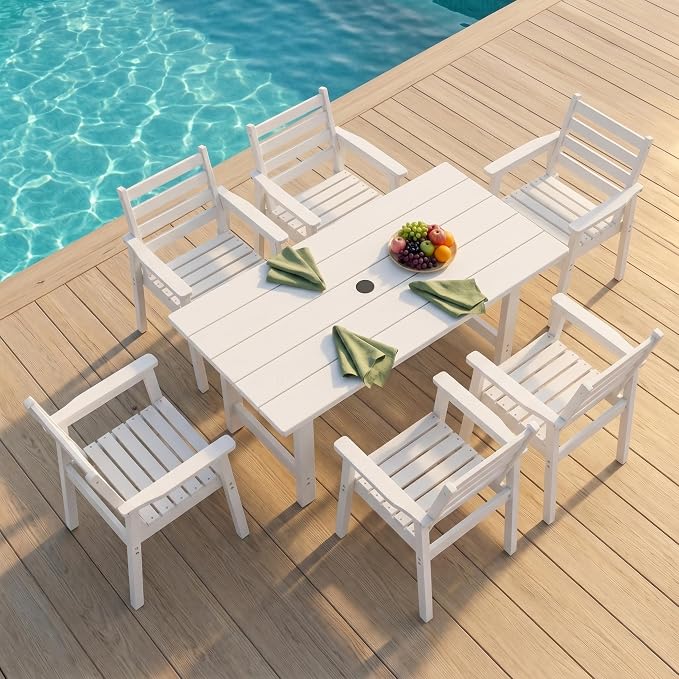 7 Piece HDPE Outdoor Dining Set for 6, Patio Dining Furniture Set with 2” Umbrella Hole, Weather Resistant Outdoor Table and Chairs for Garden, Poolside, Backyard, Deck