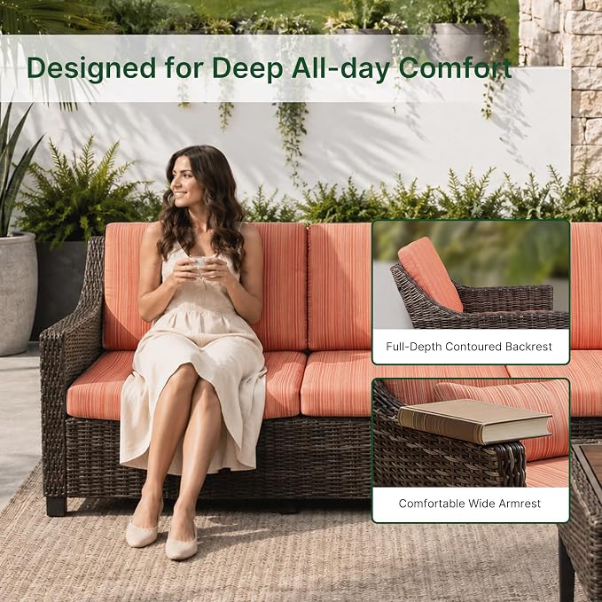 Wicker Patio Conversation Set, Outdoor Patio Furniture Set with Deep Seating, Wide Armrests & Thick Cushions, All-Weather Outdoor Furniture Set for Patio, Porch, Deck & Backyard
