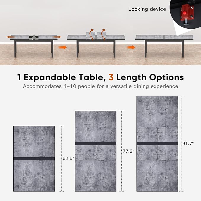 Aluminum Expandable Outdoor Dining Table, 3-Position Extensible Length Patio Dining Table for 6-10 Person, 91.7" L x 33.5" W Stone Plastic Tabletop with Umbrella Hole for Garden Porch Deck, Grey